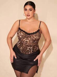 SHEIN BAE Plus Size Women Leopard Print Lace Patchwork Asymmetric Hem Camisole Top - Multicolor - View 3