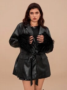 SHEIN VCAY 大码绑带毛绒拼布长袖休闲夹克，适合冬季