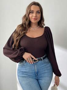 SHEIN Privé Plus Size Textured Fabric Square Collar Bodysuit, Autumn/Winter - Coffee Brown - View 4