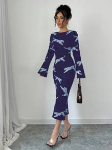 Elenzga Women's Leopard Allover Print Round Neck Long Sleeve Casual Tight-Fitting Dress Fall Cloth For Women - Blue - View 6