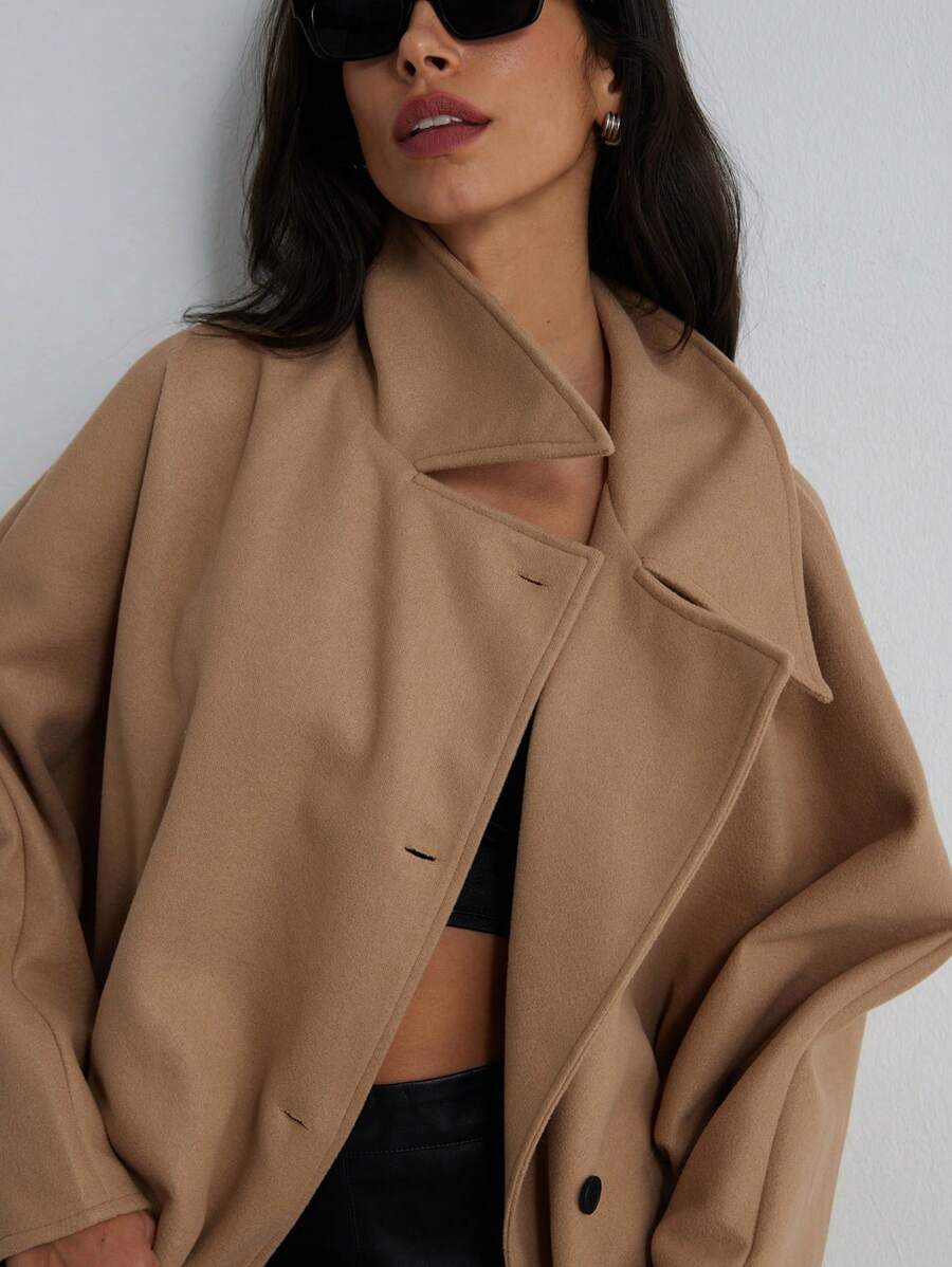 SHEIN Privé Áo khoác dài tay cánh dơi thiết kế theo phong cách Pháp rộng rãi, thoải mái hợp thời trang - Màu Khaki - Xem 1