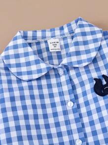 PrepCrw Young Girls Casual Blue Plaid Hem Ruffle Decor Loose Turndown Collar Button Down Shirt, Spring & Autumn - Blue - View 5