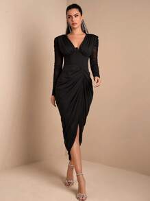 SHEIN BAE Long Sleeve Solid Black Sexy Deep V-Neck Ruched Tight Slit Dress, Elegant For Cocktail Parties, Romantic Dates, Layering In Autumn/Winter, Gatherings, Weddings - Black - View 6