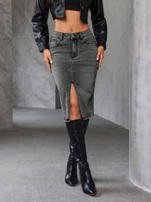 SHEIN Essnce 女式前扣口袋交叉休闲牛仔裙