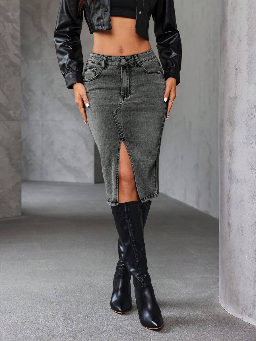 SHEIN Essnce 女式前扣口袋交叉休闲牛仔裙