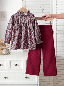 Souflis Souflis Set de 2 piezas con Top informal con estampado floral en toda la prenda y pantalones largos para niña