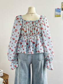 Soleia 大码女式雪纺碎花长袖蝴蝶结装饰衬衫，休闲冬装 - 彩色 - 查看 2