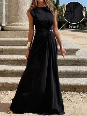 Rafferiza Dam sommar Twist-Belt Svart Casual Dress Maxi Dam Outfit