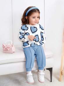 SHEIN Leap Crew Baby Girl Cute Heart Pattern Sweatshirt With Elastic Waist Solid Color Long Pants Set, Autumn/Winter - Blue and White - View 5