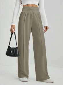 SHEIN Tall Pantalón de chándal de pierna ancha con cordón a la cintura - Caqui - Ver 4