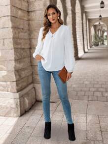 EMERY ROSE Women's Plain Front Button Long Sleeve Swiss Dot Minimalist Casual Shirt Spring Clothes White Shirt