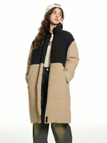 SHEIN Explorewe Abrigo casual acolchado con cremallera al frente, manga larga y hombros caídos, de bloques de color, para niña adolescente, invierno - Multicolor - Ver 3