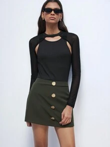 Maija Chaleco de punto negro sólido con transparencia y calado para mujer, con camiseta de manga larga con cuello redondo desmontable, para otoño/invierno - Negro - Ver 1