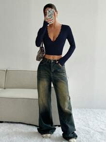 Flirla 1 pieza Blusa de mujer de unicolor con escote en V profundo, manga larga, parche de encaje, ajustada y corta, con estampado de guepardo para atuendo de primavera