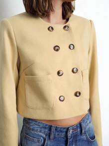 Maija Chaqueta con diseño cruzado doble de color amarillo claro para mujer, prenda de vestir de otoño/invierno, moderna y cómoda, con hombros acolchados, longitud corta, manga larga, cuello redondo, sin cuello, casual de negocios