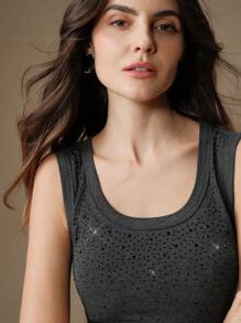 Anewsta Women's Chic Black Rhinestone Star Print Fitted Tank Top For Summer
