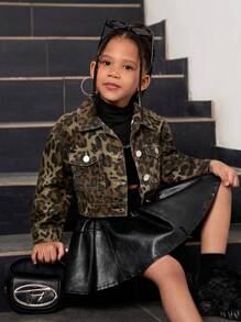 SHEIN Explorewe Áo khoác denim họa tiết da báo thời trang cho bé gái, áo khoác ngoài ngắn rộng rãi thoải mái - Nhiều màu - Xem 4