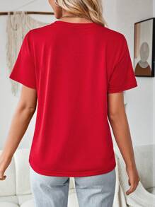SHEIN Essnce Heart & Letter Combination Graphic Casual Loose Fit Crew Neck Short Sleeve Women T-Shirt - Red - View 2