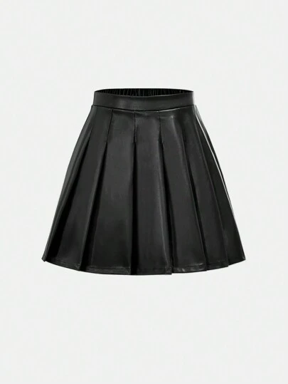 青少年女孩百搭简约日常甜美酷炫 PU 纯色褶皱迷你裙