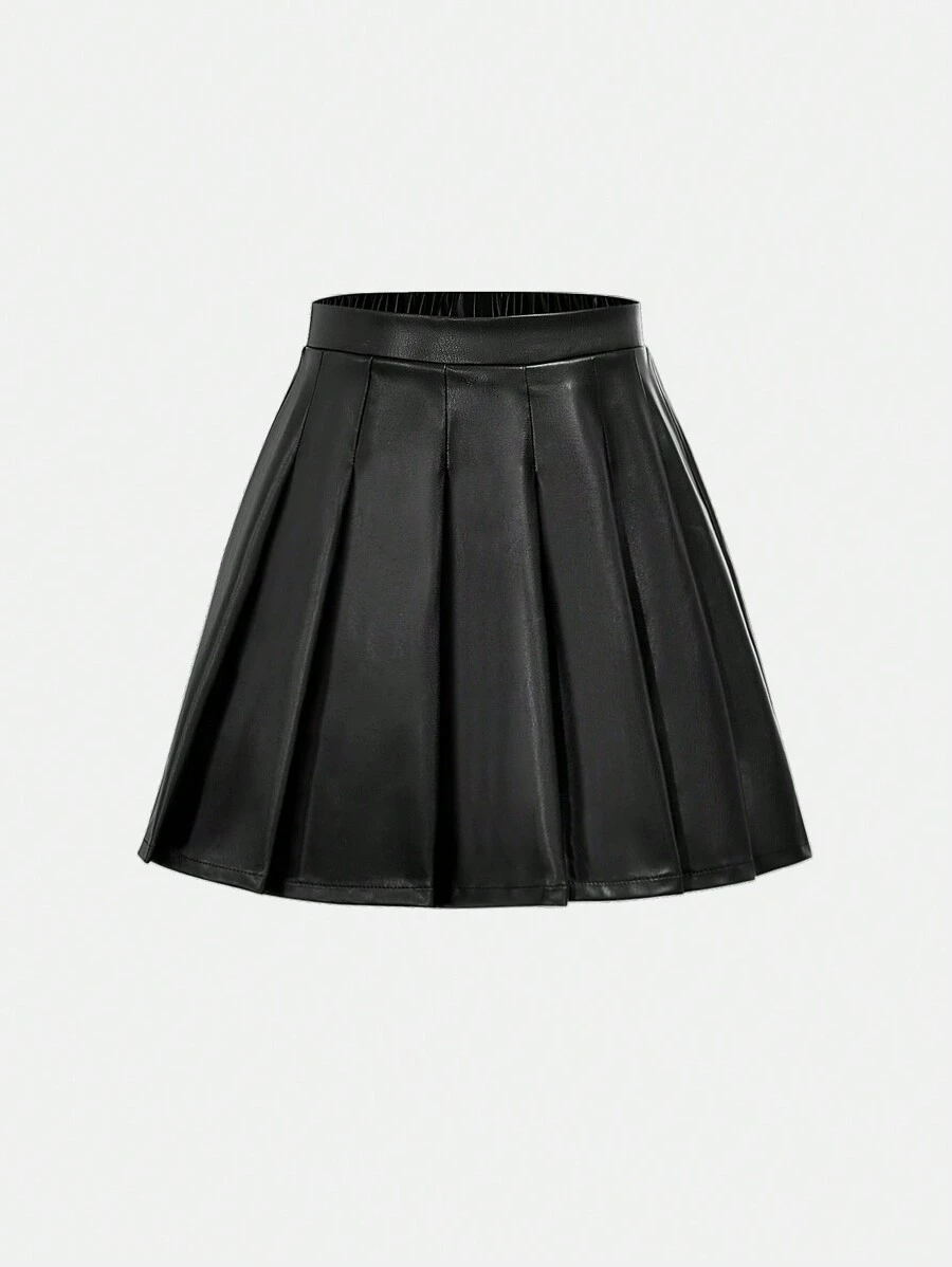 青少年女孩百搭简约日常甜美酷炫 PU 纯色褶皱迷你裙