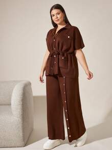 RueChic 2 Pcs Button Detail Sweater Pant+ Belted Sweater - Brown - View 5