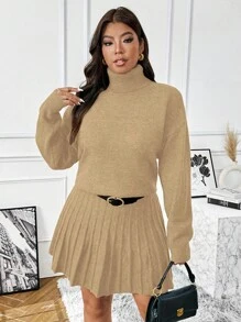 Franclia Conjunto de suéter de cuello de punto y falda mini acanalada de punto para talla grande, atuendo casual y versátil para uso diario en invierno