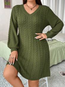 Vibekara 大码时尚泡泡袖 V 领粗针织毛衣连衣裙，冬季 - 軍綠色 - 查看 5