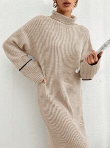 EURMUSE Color Block Mock Neck Long Sleeve Casual Dress, For Everyday Wear - Beige - View 3