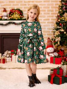 Váy chữ A dài tay ôm dáng cho bé gái, họa tiết người tuyết dễ thương, bông tuyết, ông già Noel, tuần lộc, in bất đối xứng, ấm cúng, thanh lịch, váy chui đầu cổ tròn, phù hợp cho mẹ và con gái - màu xanh lá - Xem 3