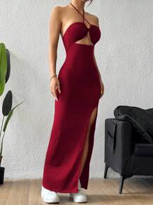 SHEIN PETITE Halter Neck Criss-Cross Backless Hollow Out Slit Dress, Sexy Burgundy Maxi Women Outfit