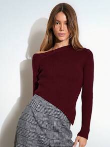 SHEIN Unity Pull tricoté à manches longues avec ourlet asymétrique sexy pour femmes, parfait pour les fêtes de Noël, pull tricoté d'automne/hiver - Rouge foncé - Voir 1