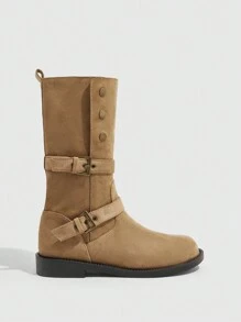 CUCCOO GRLICON Women's Mid-Calf Boots, Y2K Style, Punk Rock, Biker, Cool Girl Outfit, Suitable For Halloween, Christmas, Party - Khaki - View 3