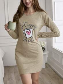 EURMUSE Women Cottnline & Lettered Night Dress - Beige - View 4