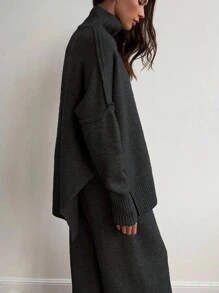 Cévolie 女士高领落肩长袖针织毛衣和针织裤两件套休闲套装，秋冬 - 黑色 - 查看 2