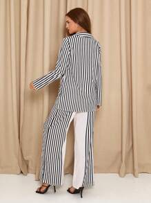 SHEIN Clasi Women Striped Long Sleeve Single Breasted Long Shirt And Wide Leg Pants Casual Loose Suit, Autumn