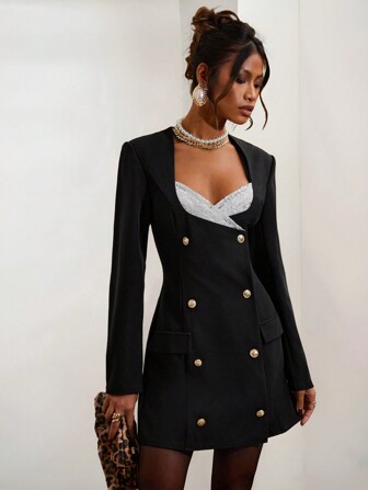 COSMINA Women Elegant Color Blocking Lace Patchwork Double-Breasted Mini Dress, Autumn