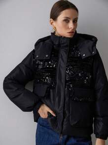 Aveloria Modichic 亮片拼布设计黑色夹棉外套，时尚百搭，温暖有型，新款秋冬装 - 黑色 - 查看 6