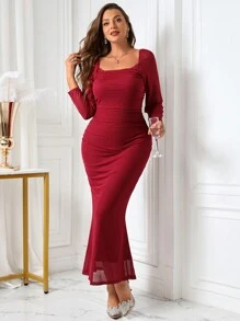 SHEIN Clasi Plus Size Women Square Neck Long Sleeve Mermaid Hem Slim Fit Elegant Dress - Burgundy - View 5