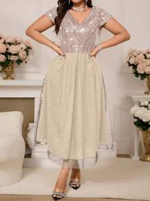 SHEIN Belle Plus Size Women's Sequined Mesh Insert Cap Sleeve Bodycon Dress Maxi Women Outfit