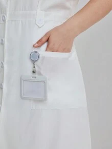 TaskEZ Plus Size Women Solid Color Lapel Short Sleeve Single-Breasted Loose Nurse Dress - White - View 5