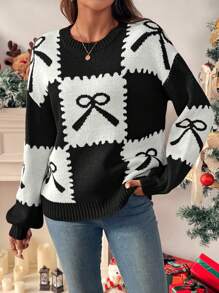SHEIN LUNE Color Block Bow Decor Knit Sweater, Casual For Autumn/Winter Knit Pullover Fall - Black - View 4