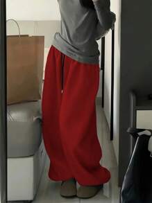 INAWLY 女士纯色抽绳腰部口袋宽松踝带休闲宽松运动裤 - 紅色 - 查看 4