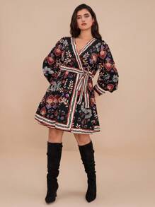 SHEIN VCAY Plus Size Front Tie Long Sleeve Printed Casual Mini Dress - Multicolor - View 5