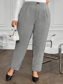 SHEIN Clasi Plus Size Women Pocket Pleated Casual Tweed Cone Pants