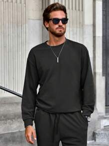 Manfinity RelaxMax 2 pièces Ensemble sweat-shirt et pantalon de jogging décontracté à col rond de couleur unie à manches longues pour homme, pour l'automne