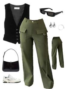 Chiquease Straight Leg High Waist Casual Cargo Pants For Women - Olive Green - View 1