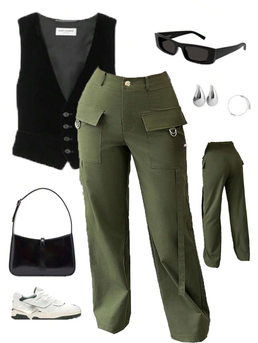 Chiquease Straight Leg High Waist Casual Cargo Pants For Women - Olive Green - View 1