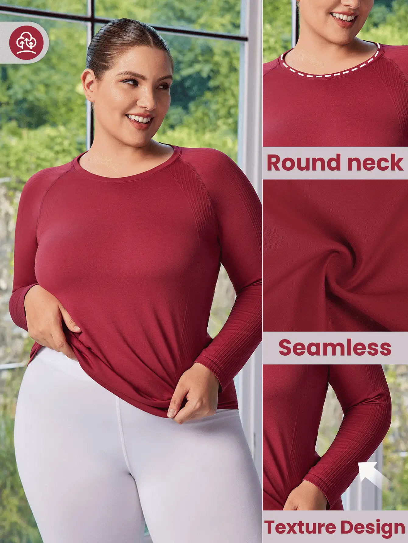 Easithlete 女士大码无缝长袖纯色运动服，简约时尚 - 酒紅色 - 查看 2