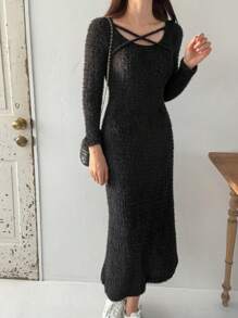 FRIFUL Women's Solid Color Long Sleeve Simple Mid-Length Fitted Dress, Casual Daily Wear