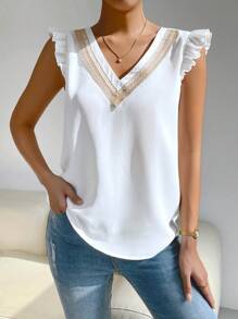 EMERY ROSE 女士撞色蕾丝荷叶边袖 V 领宽松休闲衬衫 - 白色 - 查看 4